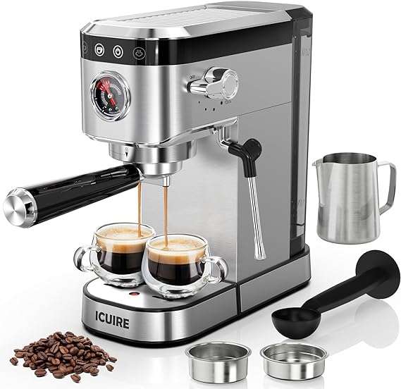 ICUIRE Espresso Machine 20 Bar, Stainless Steel Espresso Maker with Milk Frothing Pitcher, Professional Cappuccino Machine with Milk Frother semi-automatic espresso machine with 1.1L Water Tank, is one of the best deal of the best espresso machines under 150.