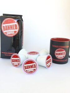 Banned Coffee’s high-caffeine k-cups' robust medium to dark roast strong coffee is low in acidity.