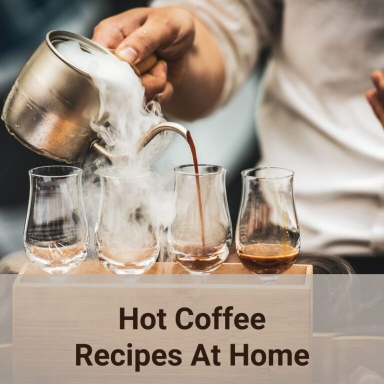 A barista is pouring hot coffee into one of the 4 tall glass. The small pot in the barista's right hand has its lid off, so the steam is ushing out like a cascade of white cloud. A brewed black coffee is the easiest home coffee recipe that anyone can do. Check out these hot coffee recipes that you can make at home easily!