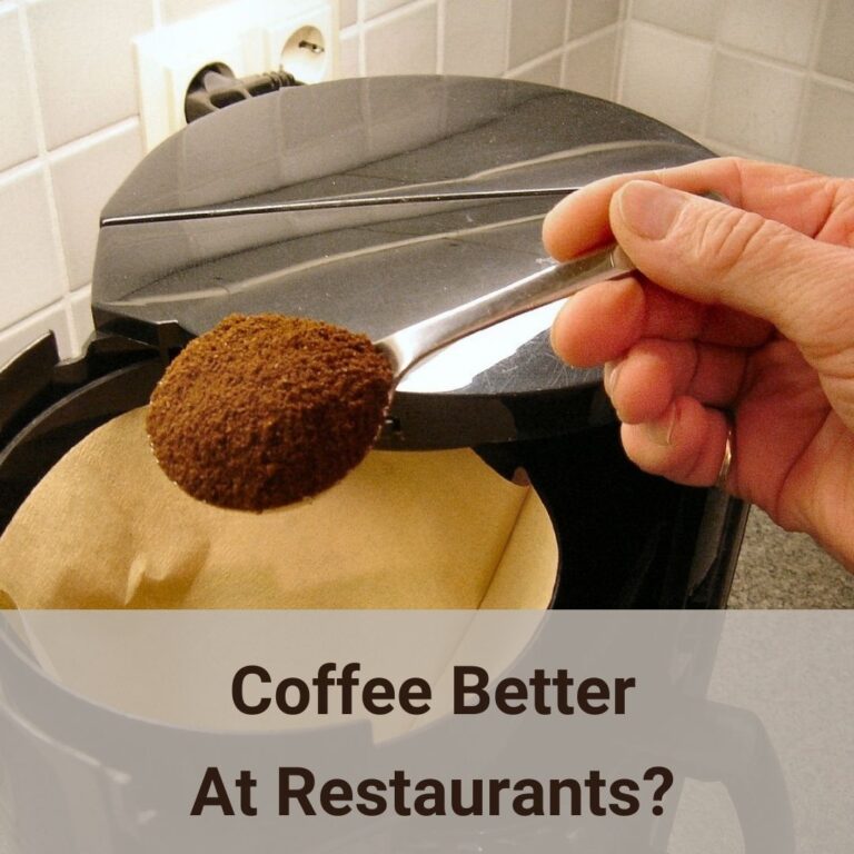 In this close up photo, a person's right hand is holding a teaspoonful of coffee, is about to scoop into a coffee machine that has a light brown color paper filter in it. The coffee machine is on a kitchin counter lined with formica. This is the end of the counter, so the two perpendicular tiled walled can be seen at the background. Why does coffee always taste better at restaurants? Can we make it better to match the coffee taste at restaurants?