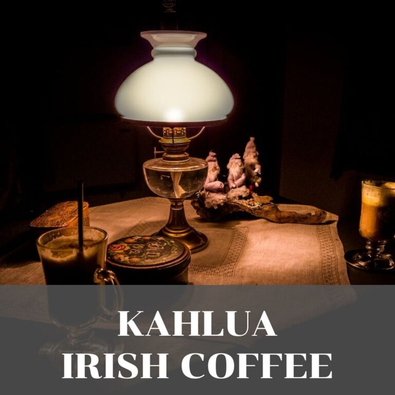 Kahlua Irish Coffee is a warm and comforting drink made with hot coffee, Irish whiskey, Kahlua coffee liqueur, whipped cream, and a sprinkle of nutmeg.