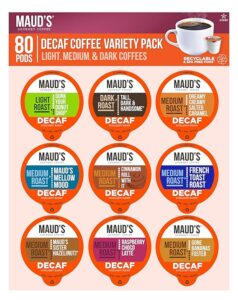 MAUD'S Decaf Coffee Pods Variety Pack 80 Count Medium Roast Arabica Coffee Pods is one of the best decaf k cups.