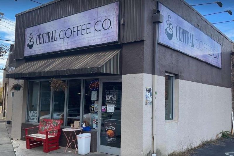 This photo shows the front entrance of Central Coffee Co, which is one of the most popular coffee shops in charlotte nc.